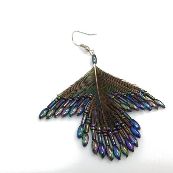 Handmade Peacock Feather Iridescent Glass Seed Beaded Earrings, 3 1/4 Inches - Picture 5 of 7